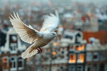 A dove flies over the city with its wings spread from a bird's eye view - Powered by Adobe