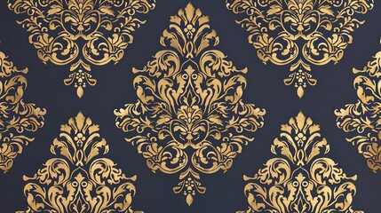 Regal Elegance: Luxurious Gold Damask Pattern on Deep Navy Wallpaper