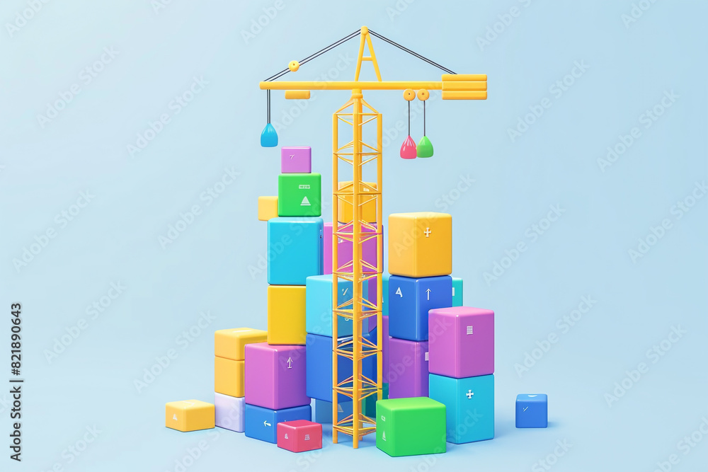 Poster teamwork,building success concept colorful block tower set building infographic tower crane and buil