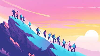 Fototapeta premium A group of people are climbing a mountain