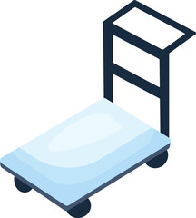 Isometric hand truck icon for transportation. Logistics. And warehouse industry. Featuring a vector illustration of a blue manual dolly for moving and carrying freight and cargo. On a white background