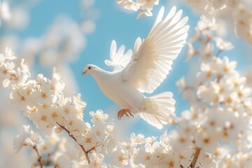 A dove, pigeon flies against the background of a sunny sky and beautiful flowers