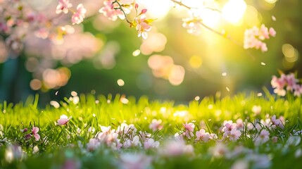 Obraz premium Serene Spring Scene with Blooming Cherry Blossoms, Green Grass, and Sunny Skies