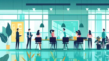 A group of professionals in a modern office space are engaged in a meeting