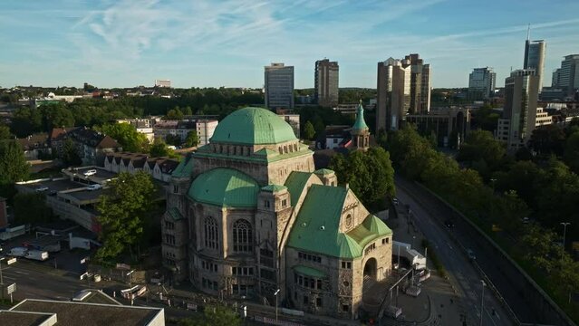 Aerial drone view of Alte Synagoge in Essen , Germany . The Old Synagogue in Essen is one of the largest, best preserved and architecturally most impressive testimonies to Jewish culture 