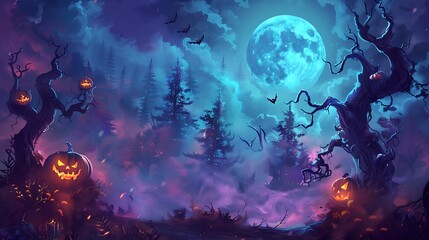 Enchanting Halloween Night: Spooky Forest with Full Moon, Swirling Mist, and Glowing Jackolanterns