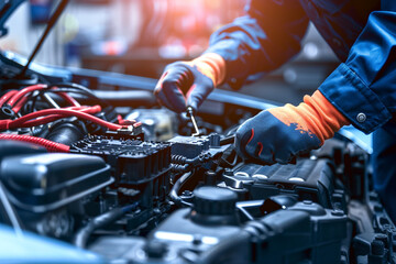 Technician Hands of car mechanic working repair in auto repair Service electric battery and...