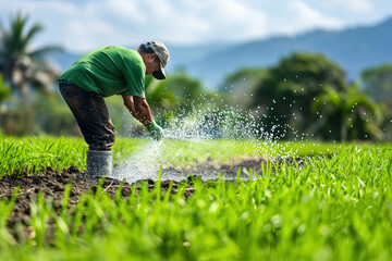 Farmer spreading fertilizer on lush green field, nurturing crops for bountiful harvest.