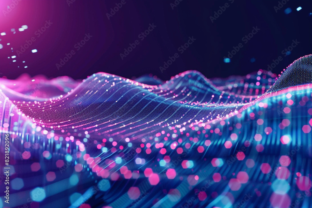 Poster technology background with connected dots on 3d wave landscape data science, particles, digital worl