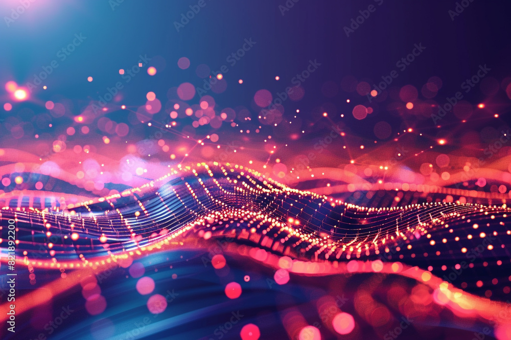 Poster technology background with connected dots on 3d wave landscape data science, particles, digital worl