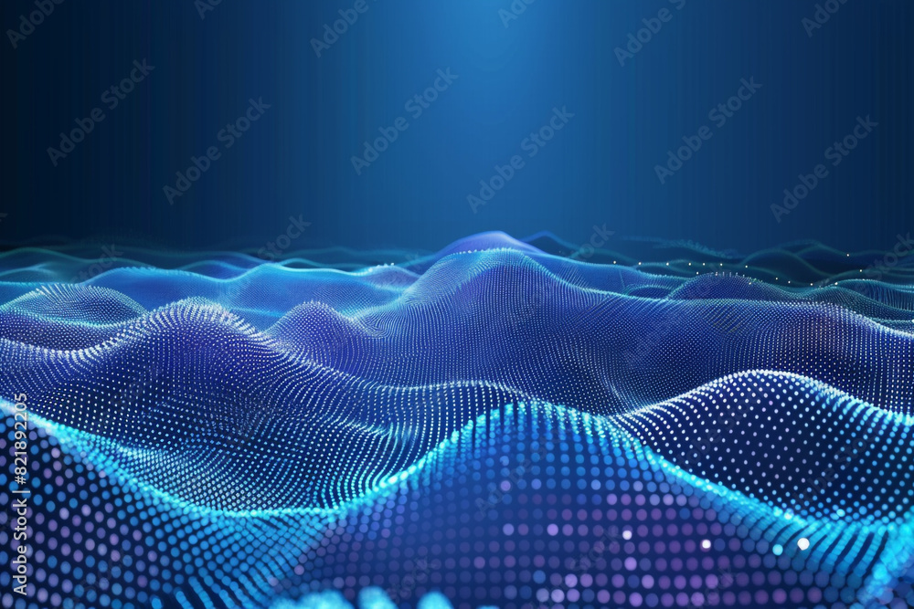 Poster technology background with connected dots on 3d wave landscape data science, particles, digital worl