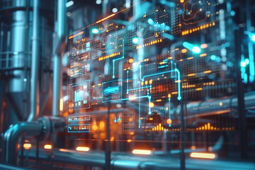 Fototapeta premium Technology industrial business process workflow organisation structure on virtual screen, IOT smart industry concept mixed media diagram, touch transparent screen technology 
