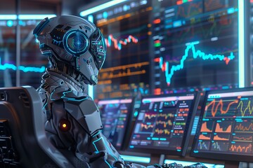 Fototapeta premium Advanced AI Robot Analyzing Data on Multiple Monitors