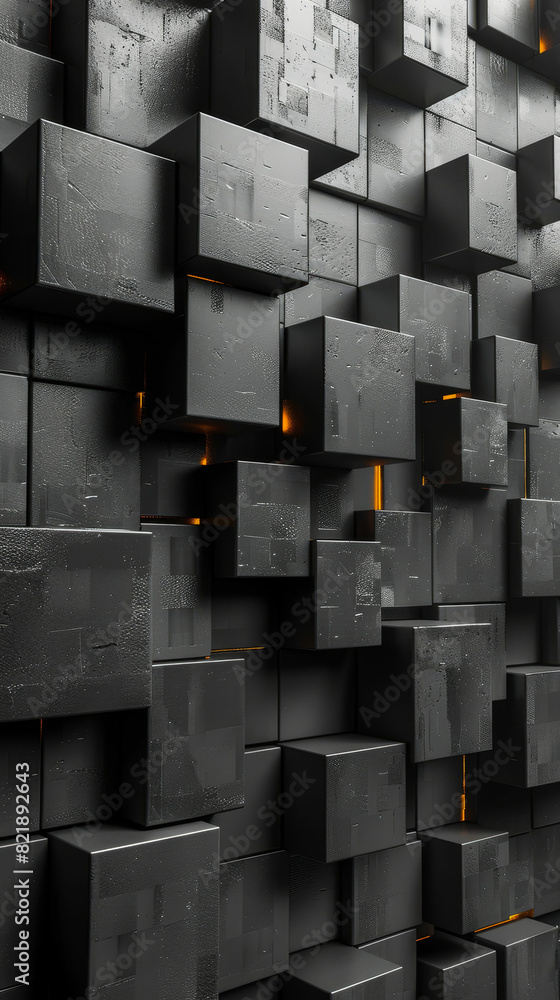 Poster 3d render of black cube pattern with subtle gold highlights for modern background and textures in di