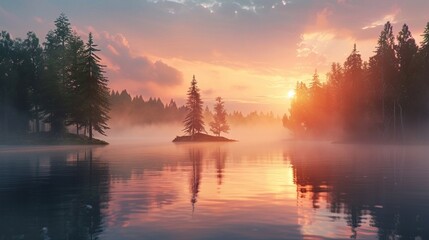 Lake and trees at sunset