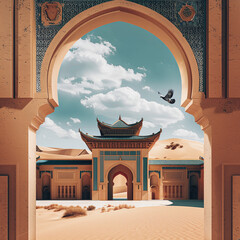 A fabulous arabic decorated lost city in the desert. On beautiful summer sun sky background.
