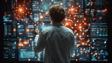  hacker  watching  on a monitor and pressing a keyboard in a dark cybercriminal hideout with lamps during a cyberattack