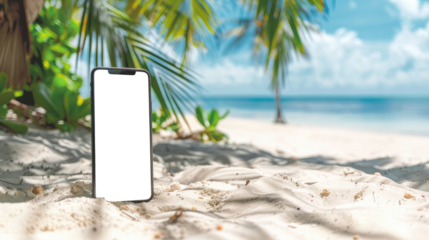 mobile phone at summer beach with blank isolated display