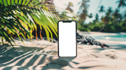 mobile phone at summer beach with blank isolated display