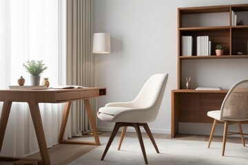 Modern Frosty White And Teak Study Room Design With Beige Upholstered Chair