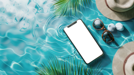 summer beach background with hat, water and smartphone, isolated blank white display 