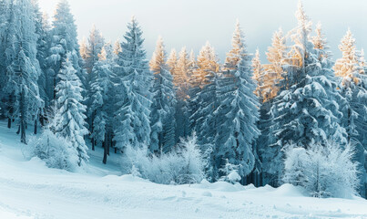Fototapeta premium Snow-Covered Pine Trees on Winter Hill at Sunrise with Idyllic Winter Setting and Snowy Landscape