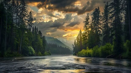 Scenic river framed by towering trees and a dramatic sky, capturing the breathtaking essence of the...