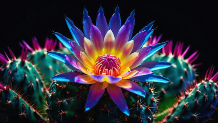 a vibrant, rainbow colored cactus flower in full bloom, sharp thorns, detailed, intricate details, black background