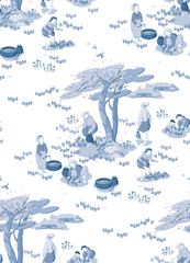 봄날에 나물을 캐는 여인들과 아이들에 대한 한국적인 정서의 벡터 일러스트레이션. 블루톤 패턴 일러스트레이션				
