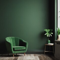 living room with green arm chair on empty dark green wall background AI generative