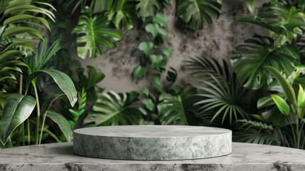 The mockup showcases a round gray stone podium against a vibrant tropical leaves background, creating a natural and sophisticated setting for displaying cosmetics products.