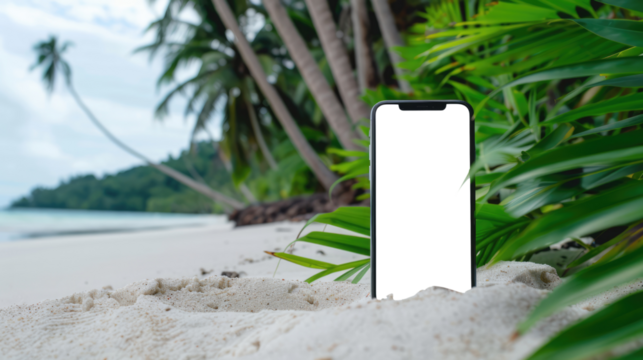 smartphone in sand at tropical beach with blank isolated screen display