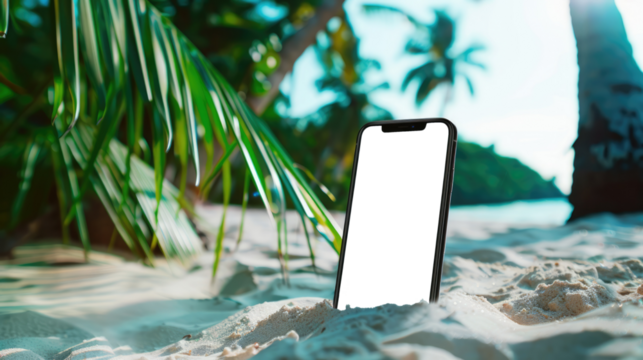 smartphone in sand at tropical beach with blank isolated screen display