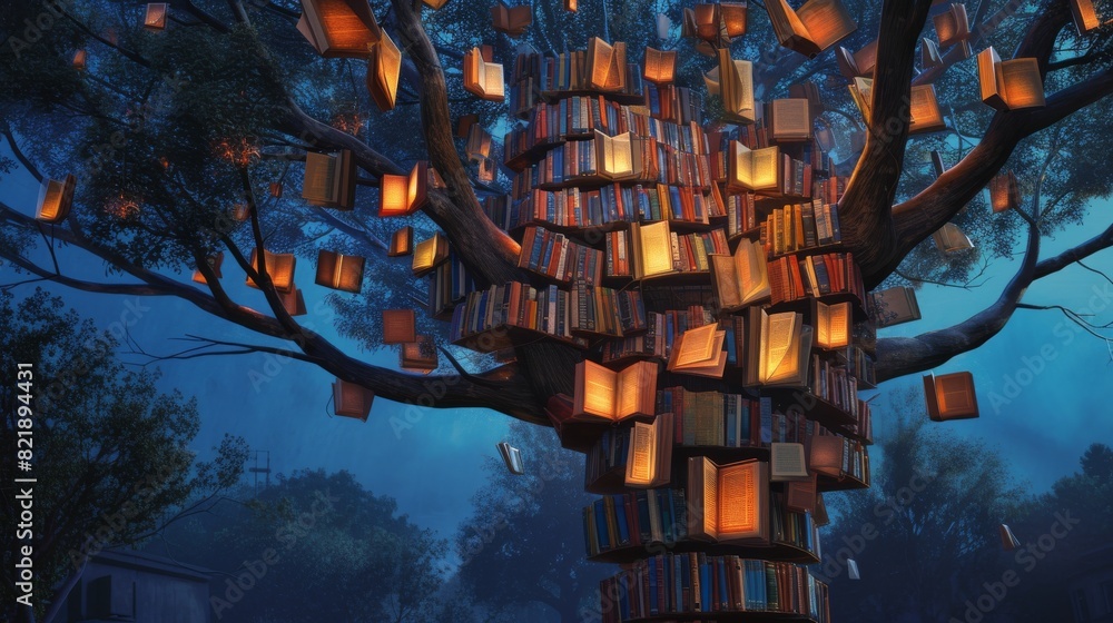 Poster a magical scene featuring a towering tree, its branches adorned with glowing, floating books against
