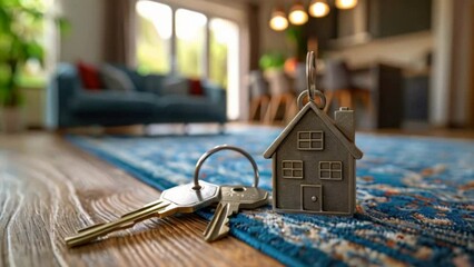 investment, and real estate endeavors, welcoming a fresh start. Opening the door to a new home with a key and home-shaped keychain signifies the culmination of efforts in mortgage. - Powered by Adobe
