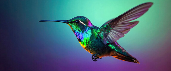 A vibrant hummingbird in flight with iridescent feathers, set against a colorful, blurred background. The hummingbird's feathers shimmer with shades of green, blue, and purple