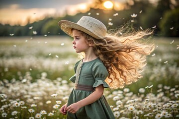 All-Russian day of family, love, fidelity. A beautiful little curly-haired girl in a straw hat with a bouquet of daisies on the background of a field of daisies. Valentine's Day of Peter and Fevronia.