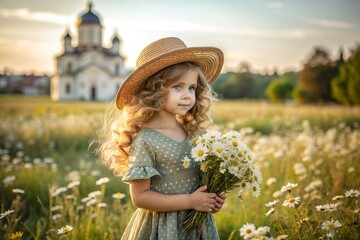 All-Russian day of family, love, fidelity. A beautiful little curly-haired girl in a straw hat with a bouquet of daisies on the background of a field of daisies. Valentine's Day of Peter and Fevronia.