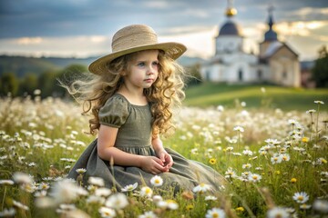 All-Russian day of family, love, fidelity. A beautiful little curly-haired girl in a straw hat with a bouquet of daisies on the background of a field of daisies. Valentine's Day of Peter and Fevronia.