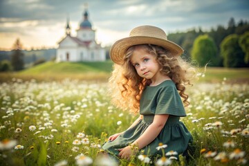 All-Russian day of family, love, fidelity. A beautiful little curly-haired girl in a straw hat with a bouquet of daisies on the background of a field of daisies. Valentine's Day of Peter and Fevronia.