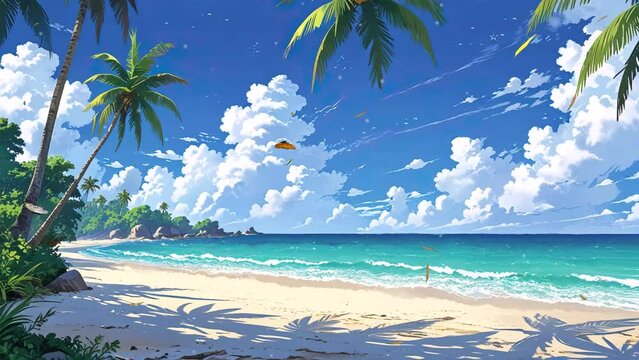 Anime-style depiction of a sunny beach with palm trees, 4k video.