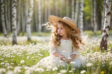All-Russian day of family, love, fidelity. A beautiful little curly-haired girl in a straw hat with a bouquet of daisies on the background of a field of daisies. Valentine's Day of Peter and Fevronia.