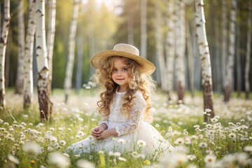 All-Russian day of family, love, fidelity. A beautiful little curly-haired girl in a straw hat with a bouquet of daisies on the background of a field of daisies. Valentine's Day of Peter and Fevronia.