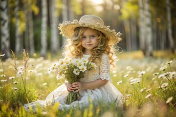 All-Russian day of family, love, fidelity. A beautiful little curly-haired girl in a straw hat with a bouquet of daisies on the background of a field of daisies. Valentine's Day of Peter and Fevronia.