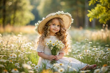 All-Russian day of family, love, fidelity. A beautiful little curly-haired girl in a straw hat with a bouquet of daisies on the background of a field of daisies. Valentine's Day of Peter and Fevronia.