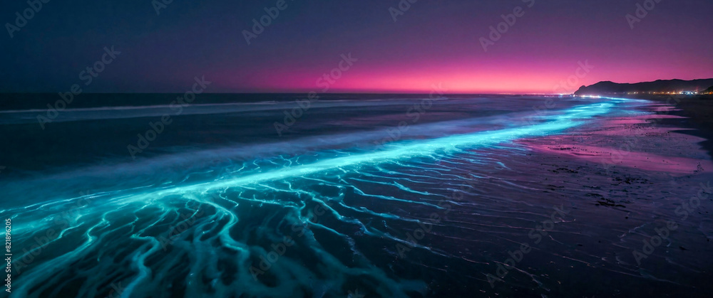 Wall mural Bioluminescent waves crashing on a beach at sunset, vibrant pink and orange sky, glowing turquoise water, aerial view,  HD, 8k, high definition - Wall murals
