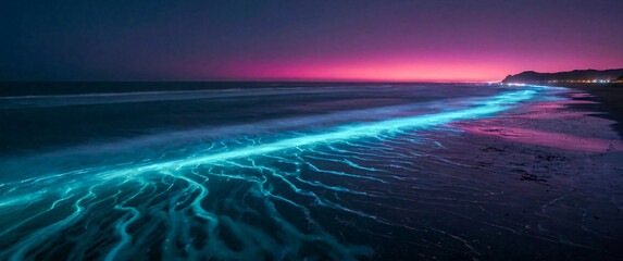 Bioluminescent waves crashing on a beach at sunset, vibrant pink and orange sky, glowing turquoise water, aerial view,  HD, 8k, high definition