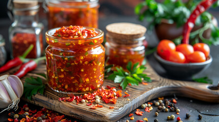 flaming red hot sauce in a glass jar