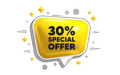 30 percent discount offer tag. Chat speech bubble 3d icon. Sale price promo sign. Special offer symbol. Discount chat message. Speech bubble banner with stripes. Yellow text balloon. Vector