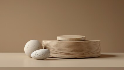 aesthetic 3d render of a beige podium made of natural wood for product presentation